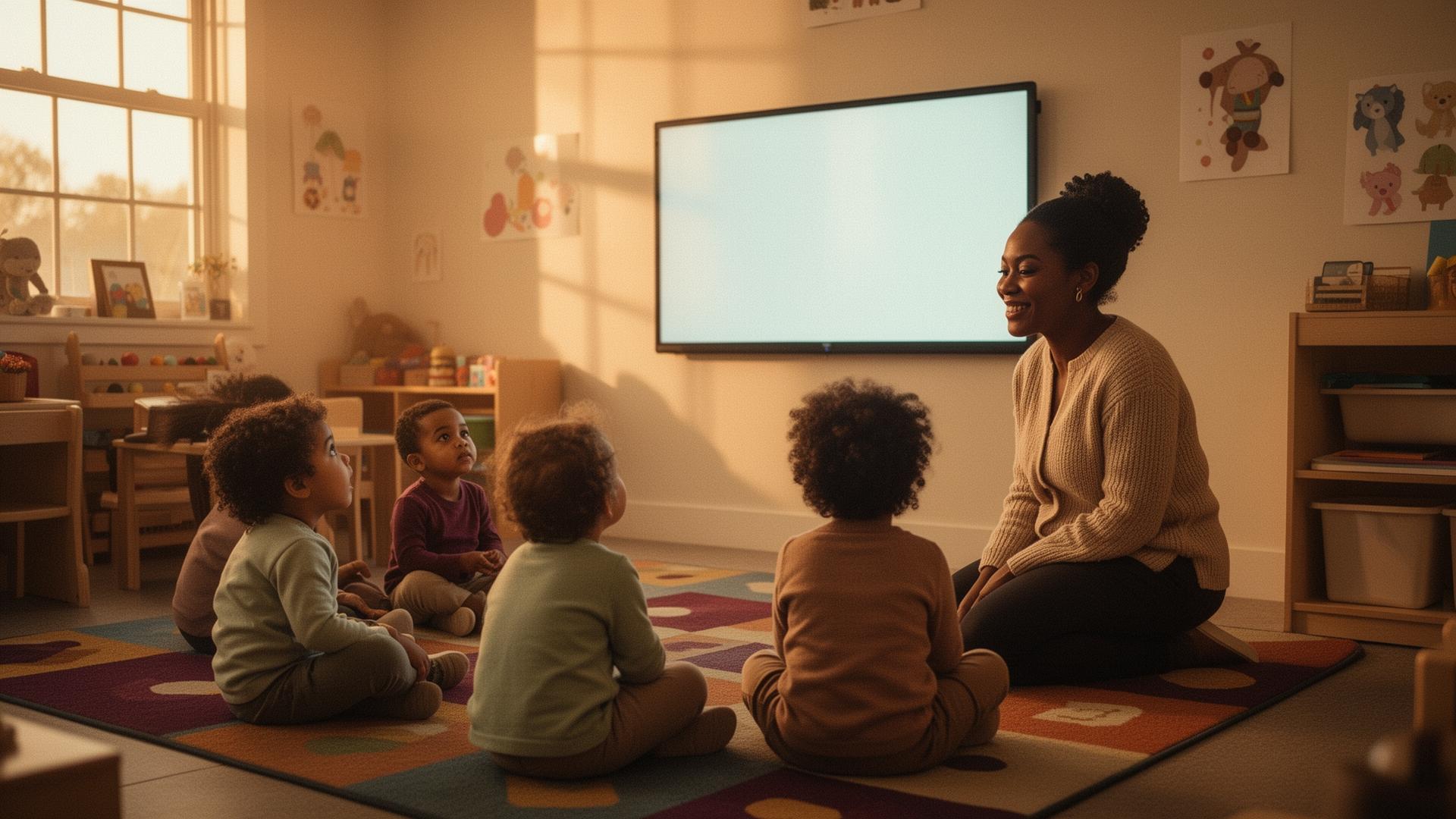 A childcare teacher kneels beside toddlers watching a calming classroom video on a SmartBoard
